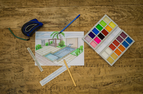 Mesa com planta arquitet&ocirc;nica e objetos de desenho e engenharia, arquitetura, visto de cima