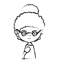 blurred silhouette of half body elderly woman in dress with curly collected hairstyle and glasses