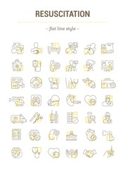Vector graphic set. Isolated Icons in flat, contour, thin, outline, minimal and linear design. First aid to man. Ambulance. Procedure, equipment. Support patient life.Concept illustration.Sign,symbol.