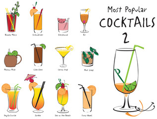 Colorful vector illustration of the most popular cocktails - obrazy, fototapety, plakaty