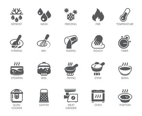 Icons set of household appliances, utensils and labels on culinary theme in flat style. Big vector collection of 20 cooking food graphic pictograms isolated on white background