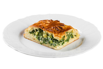 Slice of pie with onion and egg isolated on white with clipping path