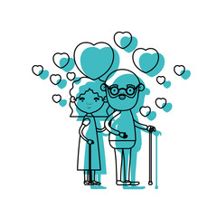 caricature full body elderly couple embraced with floating heart