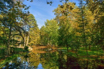 Bridge over garden lake in Vidago, Portugal