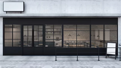 Papier Peint photo Restaurant Front view Cafe shop & Restaurant design. Modern Loft counter steel black. Top counter concrete, 3D render