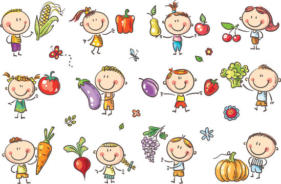 Funny Sketchy Kids with Fruits and Vegetables will illustrate healthy eating or vegetarian food or just enter a kids art style design.