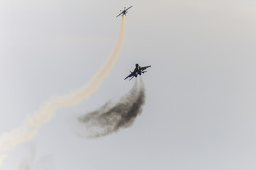 Polish Air Force, Mig 29 Fulcrum and Extra 330 during Air Show Radom 2017 in Radom, Poland - obrazy, fototapety, plakaty