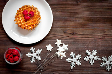 Christmas breakfast with waffles top view