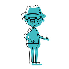 full body elderly man in clothes with moustache and hat with glasses in blue watercolor silhouette