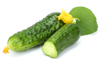 cucumber with sliced cucumber and leaf isolated on white background