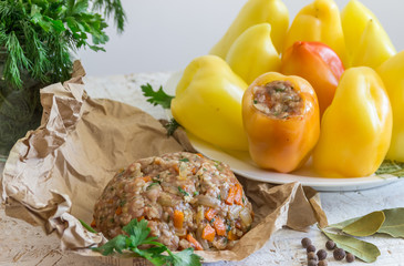 Fresh peppers and minced meat for cooking. Home cooking. Healthy food.