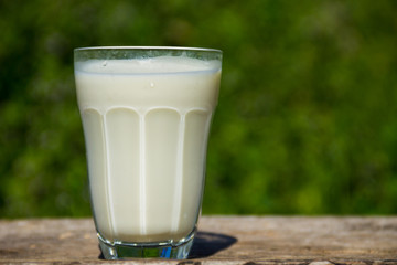Glass of milk on wooden table with nature background