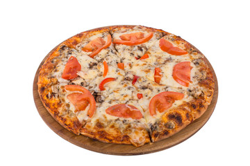 Healthy vegetables and mushrooms vegetarian pizza isolated on white background