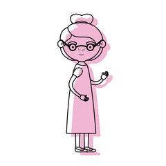full body elderly woman in dress with collected hairstyle and glasses in pink watercolor silhouette