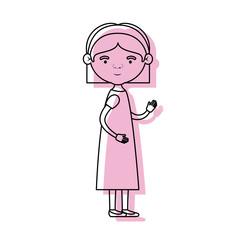 full body elderly woman in dress with bow lace and straight short hairstyle in pink watercolor silhouette