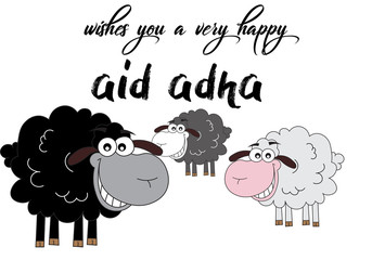 Illustration of brown, black and white sheep as a comic for Eid Adha 