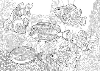 Obraz premium Coloring page of underwater world. Different fish species on the background of a sunken ship. Freehand sketch drawing for adult antistress coloring book in zentangle style.