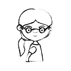 half body elderly woman in dress with side ponytail hairstyle and glasses in blurred silhouette