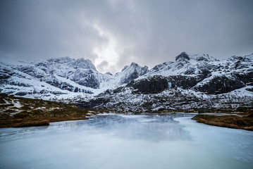 Fototapeta na wymiar Icy snowy stunning landscape in Northern Europe. Norway