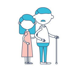 faceless full body elderly couple in walking stick grandmother straight hairstyle in dress and grandfather with moustache in color section silhouette