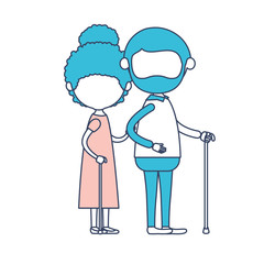faceless full body elderly couple in walking stick grandmother curly bun hairstyle in dress and grandfather with beard in color section silhouette
