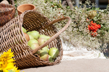 Basket with pears on rough cloth background