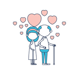 faceless caricature full body elderly couple embraced with floating hearts grandfather in walking stick and grandmother with bow lace and curly hair in color section silhouette