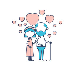 faceless caricature full body elderly couple embraced with floating hearts grandfather in walking stick and grandmother with bow lace and short hair in color section silhouette