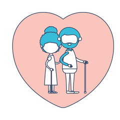faceless caricature full body elderly couple in heart shape greeting card embraced with bearded grandfather in walking stick and grandmother with curly bun hair in color section silhouette