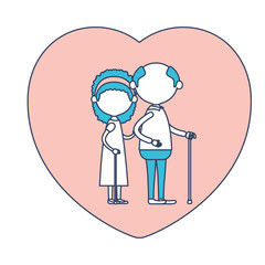 faceless caricature full body elderly couple in heart shape greeting card embraced with grandfather with glasses in walking stick and grandmother with bow lace and curly hair in color section