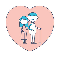 faceless caricature full body elderly couple in heart shape greeting card embraced with grandfather with moustache in walking stick and grandmother with straight hair in color section silhouette