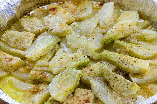 Fennel cooked in a pan with cheese