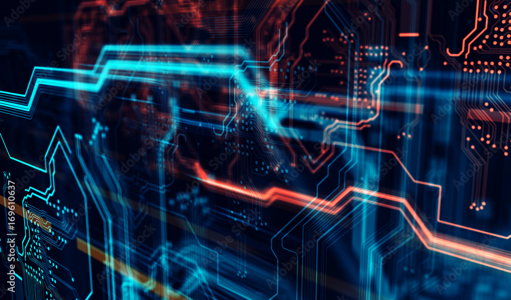 Poster Technology background/Abstract technology background made of different element printed circuit board.  Printed circuit board in the server executes the data. 