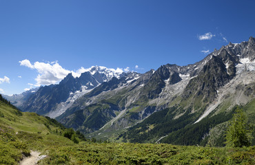 Fototapeta na wymiar Mountain path overlooking Mont Blanc. Tour du Mont Blanc