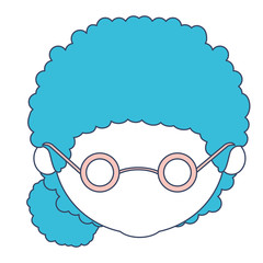faceless caricature grandmother with a curly bun side hair and glasses in color section silhouette
