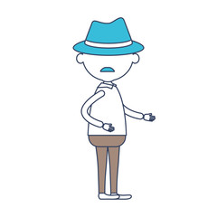 faceless caricature full body elderly man in clothes with moustache and hat in color section silhouette