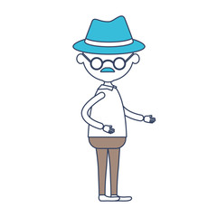 faceless caricature full body elderly man in clothes with moustache and hat with glasses in color section silhouette