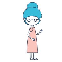 faceless caricature full body elderly woman in dress with curly collected hairstyle and glasses in color section silhouette