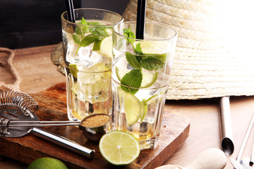 Lemon Fruit Lime Caipirinha of Brazil on wooden board