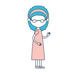 faceless caricature full body elderly woman in dress with bow lace and curly hairstyle with glasses in color section silhouette