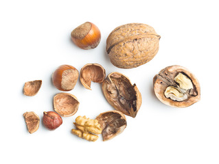 Cracked dried walnuts and hazelnuts.