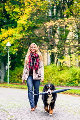 Naklejka na ściany i meble Dog carrying umbrella of his mom in autumn walk outdoors
