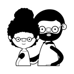 caricature half body couple elderly of grandmother with curly bun hair with grandfather with beard and glasses in black silhouette sections