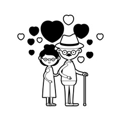 caricature full body elderly couple embraced with floating hearts grandfather with hat in walking stick and grandmother with collected hair and glasses in black silhouette sections