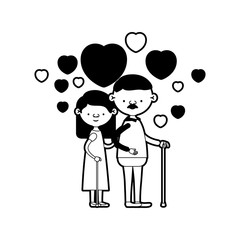 caricature full body elderly couple embraced with floating hearts grandfather with moustache in walking stick and grandmother with straight hair in black silhouette sections