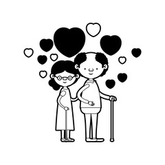 caricature full body elderly couple embraced with floating hearts grandfather in walking stick and grandmother with collected hair and glasses in black silhouette sections