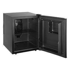 black small refrigerator with an open door on a white background