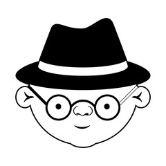 caricature face bald grandfather with glasses and hat in black silhouette sections