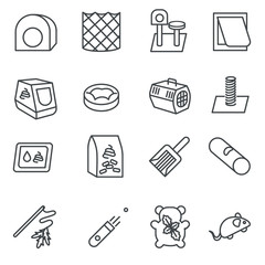 Cat care items as line icons / There are some cat’s care items like pillow, toys, litter, and brush
