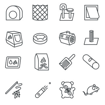 Cat care items as line icons / There are some cat’s care items like pillow, toys, litter, and brush

